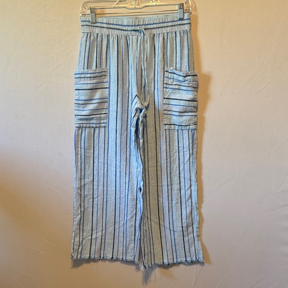Indigo Rein Striped Wide Leg Crop Pants Medium Petite Beachy Drawstring Boho
